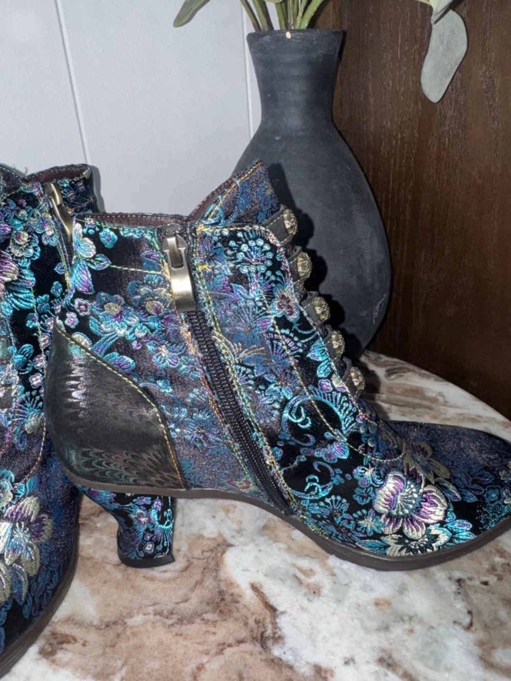 Embroidered Floral Ankle Boots in Black and Teal